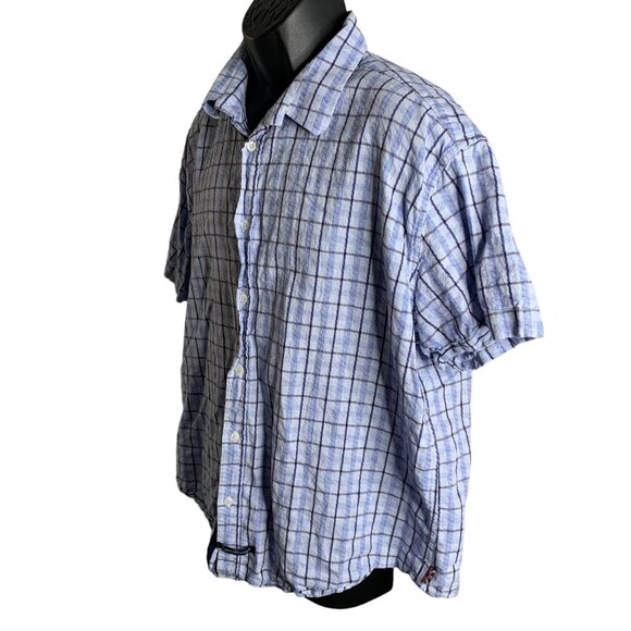 English Laundry Button Up Linen Blend Shirt XXL Blue Plaid Short Sleeve Collared - Picture 3 of 6